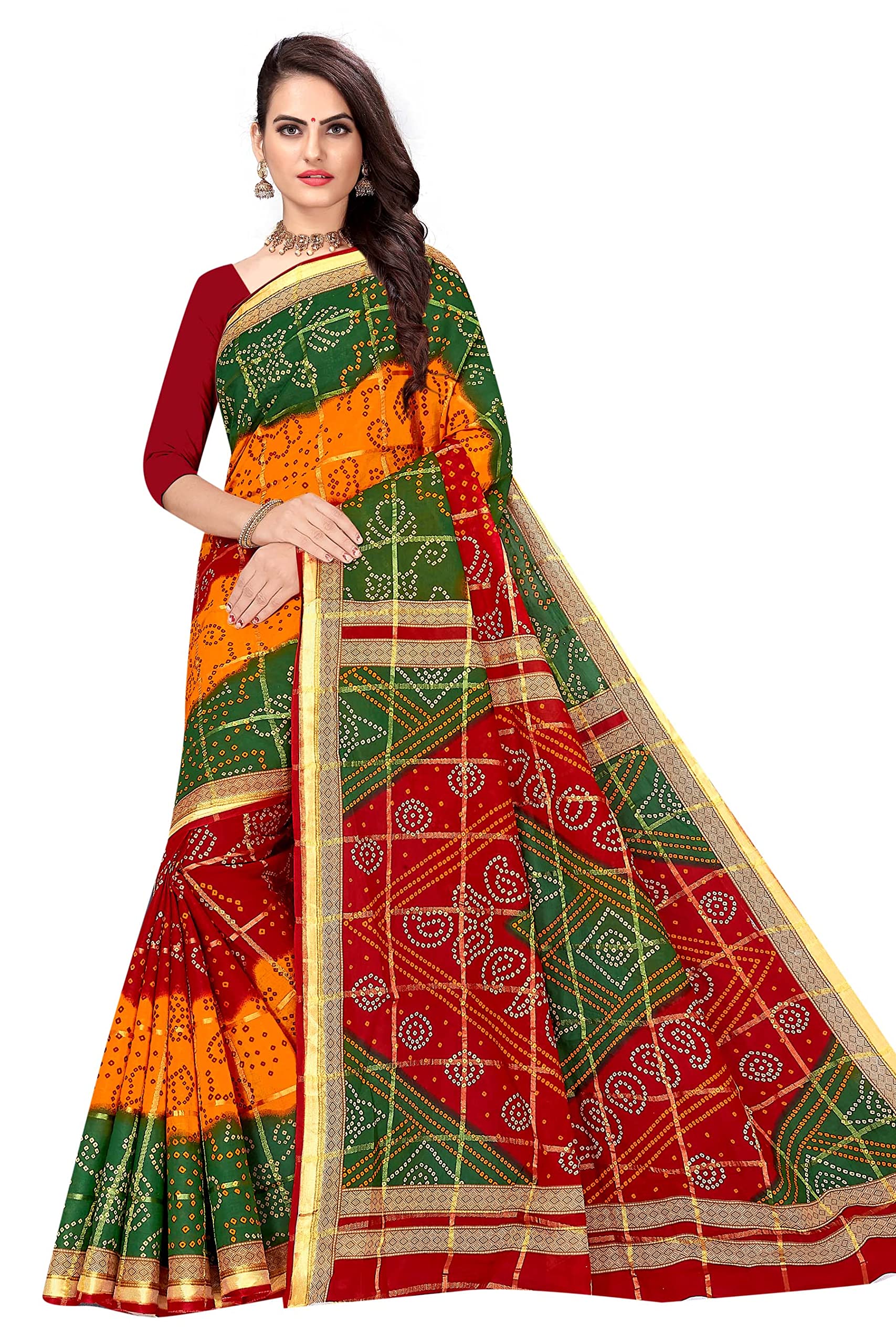 TAMAIRA FASHION Womens Pure Cotton Bandhani Saree Without Blouse Piece(2438_Red)