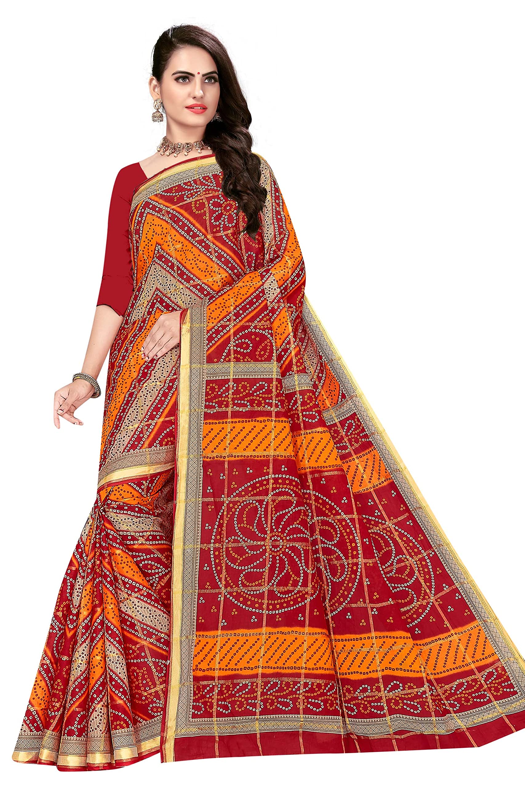 TAMAIRA FASHION Womens Pure Cotton Bandhani Saree Without Blouse Piece(2439_Red)