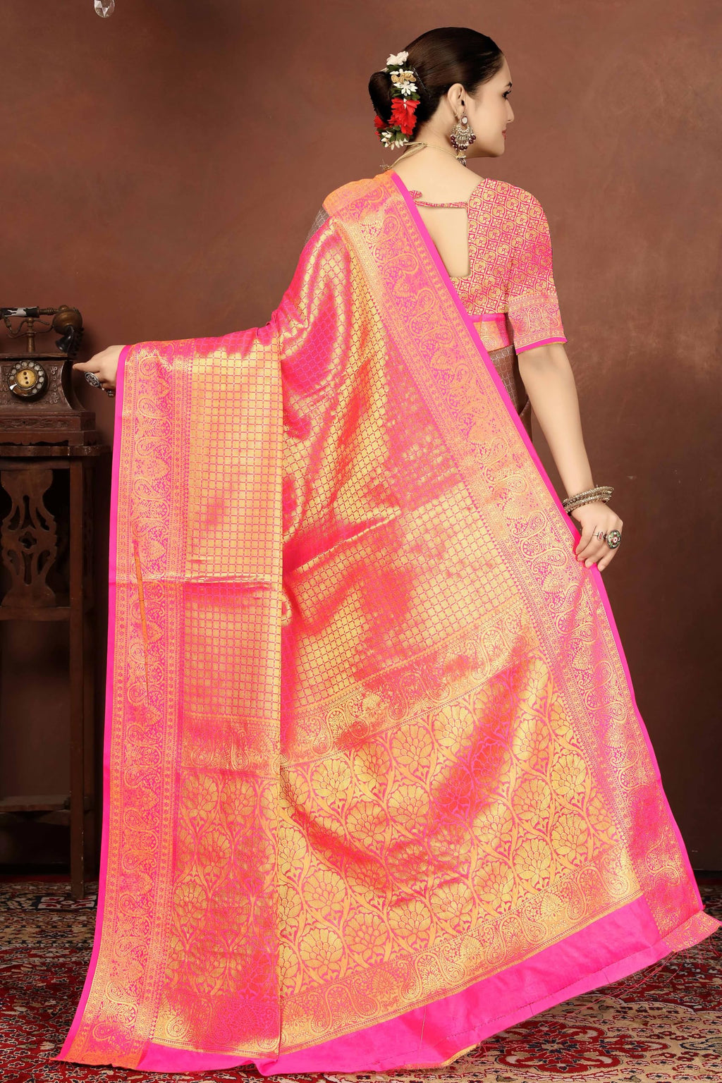 Sugathari WomenS Gold And Pink Kanjivaram Banarasi Silk Saree For Patola Festival Wedding Silk With Rich Pallu Design Sarees Fo