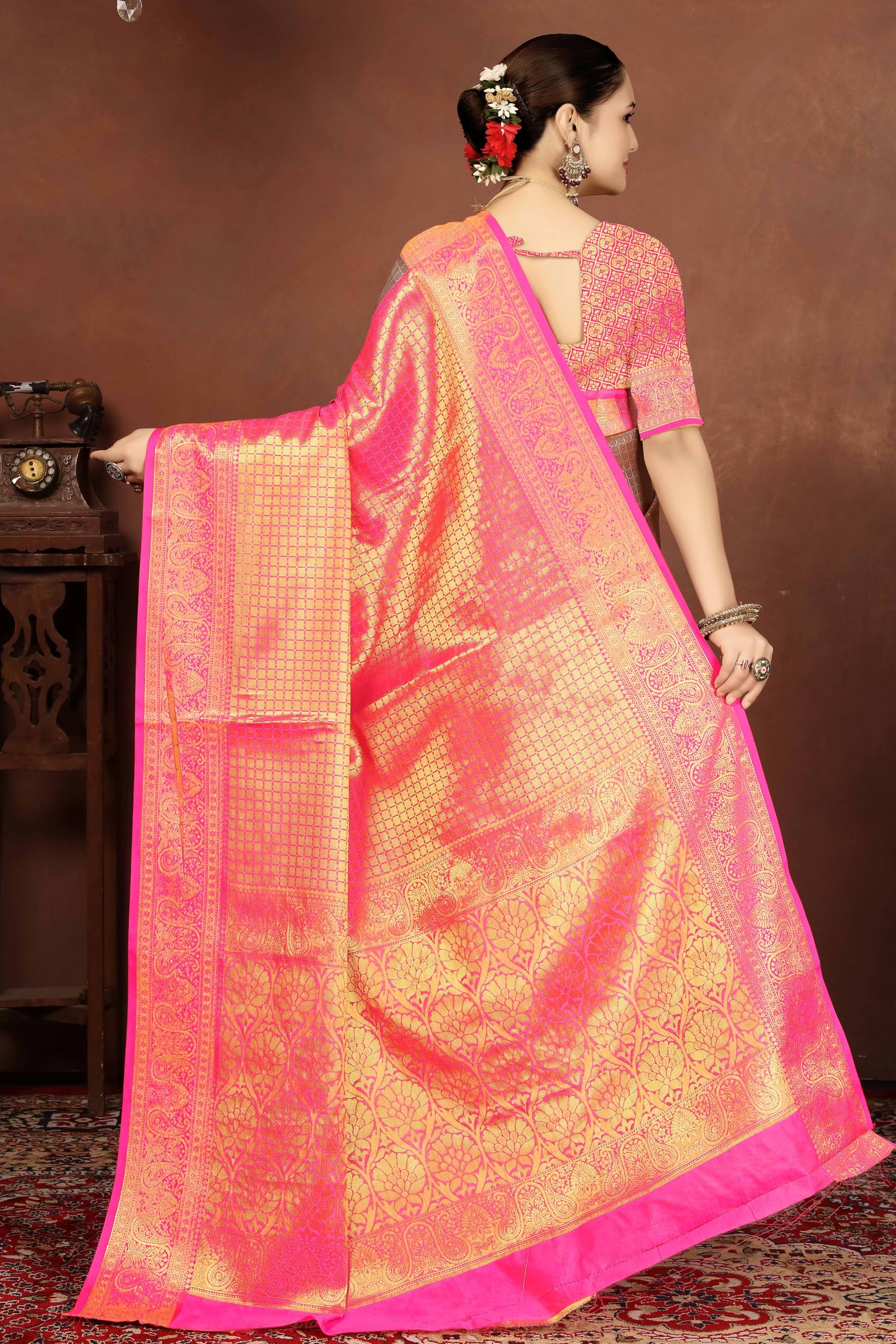 Sugathari WomenS Gold And Pink Kanjivaram Banarasi Silk Saree For Patola Festival Wedding Silk With Rich Pallu Design Sarees Fo