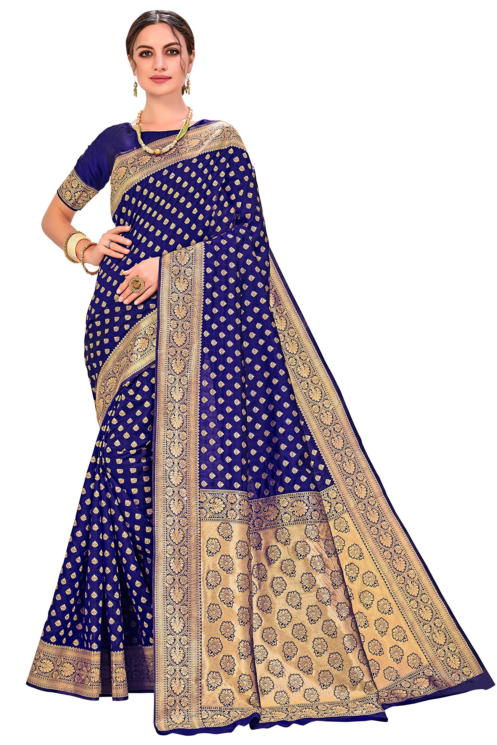 Glory Sarees Womens Jacquard Silk Blend Saree (kara128_navyblue_Navy Blue)