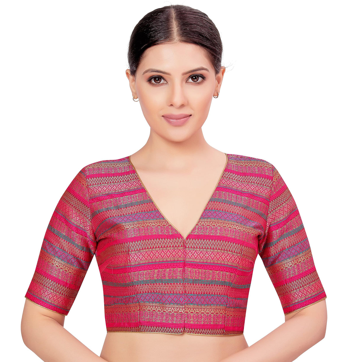 Studio Shringaar WomenS MultiColoured Brocade Readymade Elbow Length Sleeves Saree Blouse (MultiColor, 40) 40