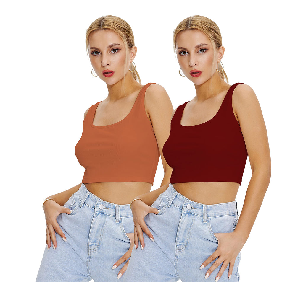 Shasmi Womens & Girls Solid Ribbed Square Neck Collarless Sleeveless Slim Fit Simplicity Tank Tops (Pack of 2) (TOP 36 Maroon 