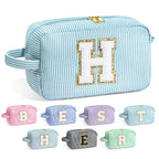 YOOLIFE Initial Makeup Bag - Personalized Monogram Cute Blue Makeup Bag Cosmetic Travel Toiletry Pouch Make Up Case for Women Mo