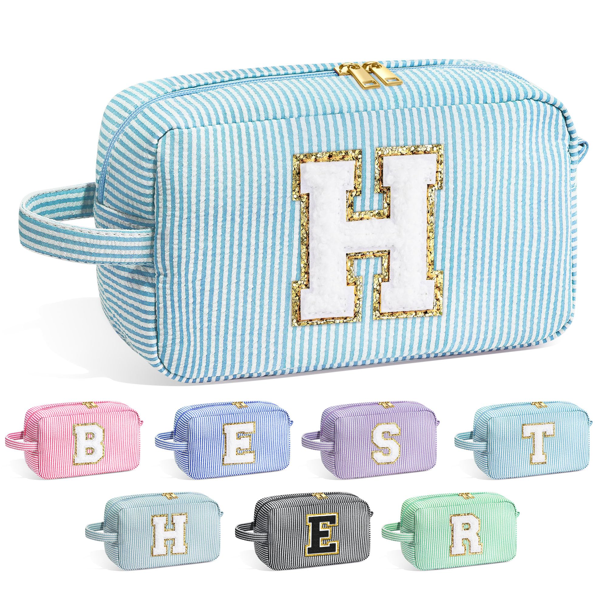 YOOLIFE Initial Makeup Bag - Personalized Monogram Cute Blue Makeup Bag Cosmetic Travel Toiletry Pouch Make Up Case for Women Mo