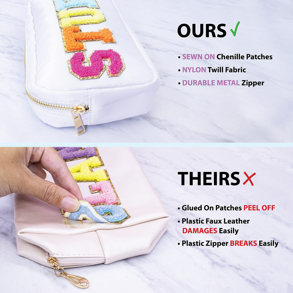Fablinks Preppy Makeup Pouch, Chenille Varsity Letter Stuff Bag for Women, White Nylon Skin Care Patch Bags Organizer, Travel Ma