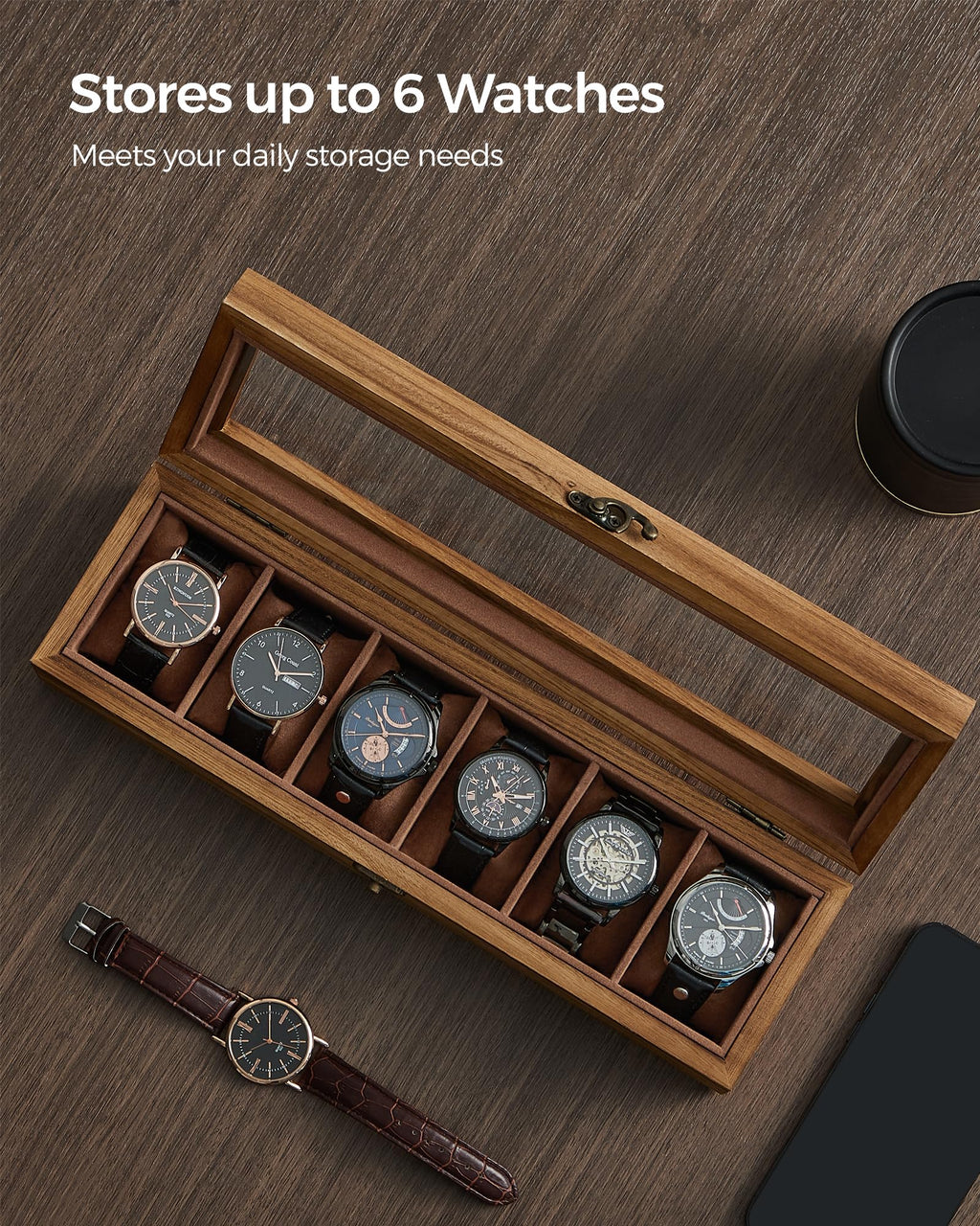 SONGMICS Watch Box, 6-Slot Watch Case, Solid Wood Watch Box Organizer with Glass Lid, Rustic Walnut UJOW006K01