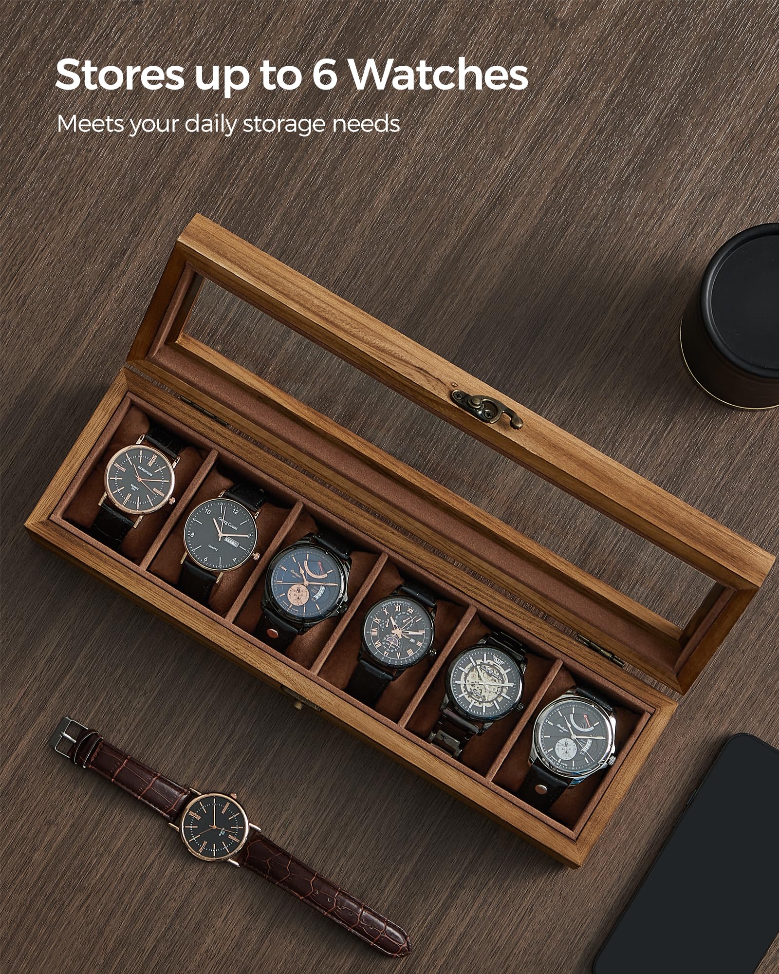 SONGMICS Watch Box, 6-Slot Watch Case, Solid Wood Watch Box Organizer with Glass Lid, Rustic Walnut UJOW006K01
