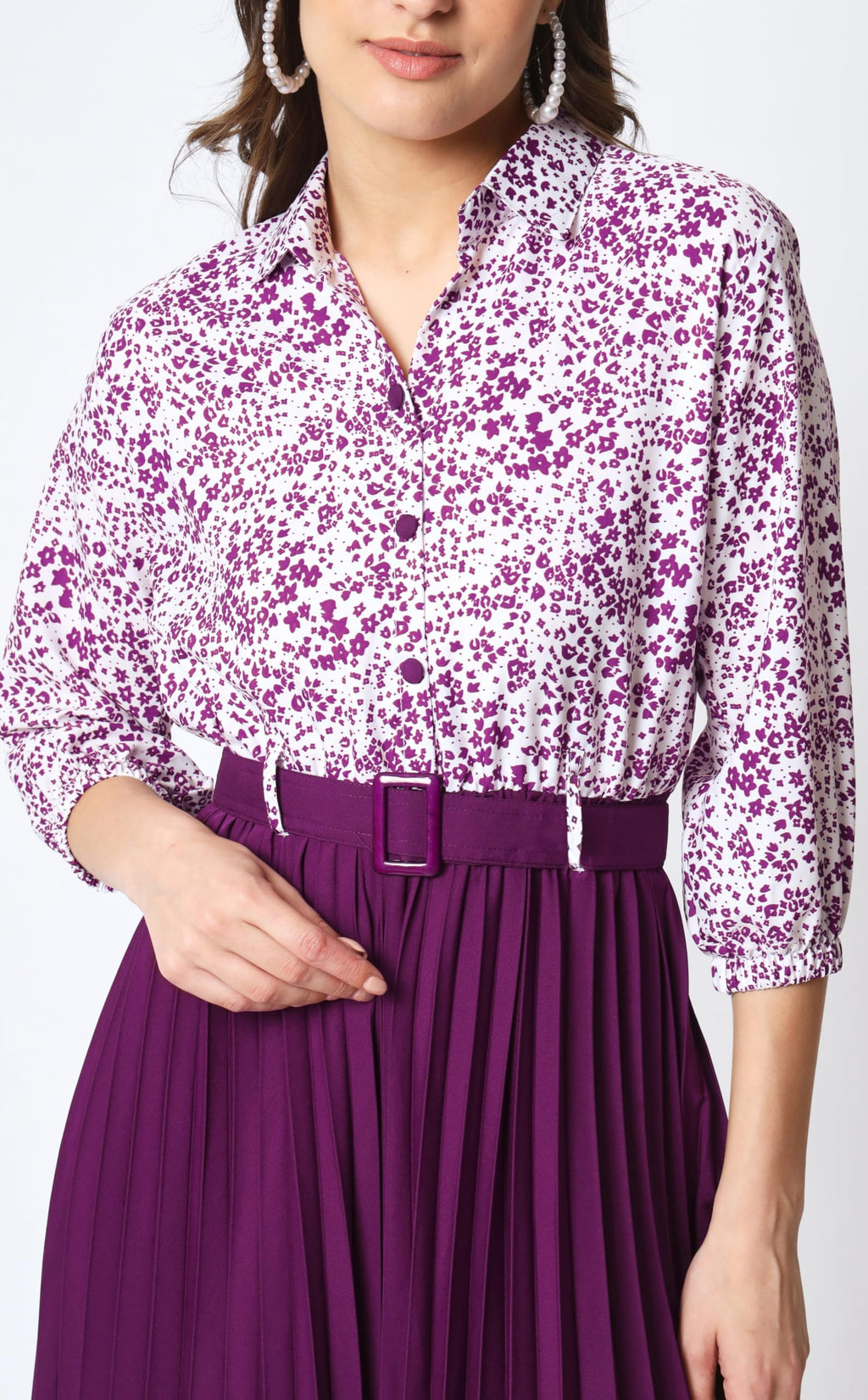 Kzully WomenS Print 3/4 Sleeve Pleated Midi Dress With Belt Purple