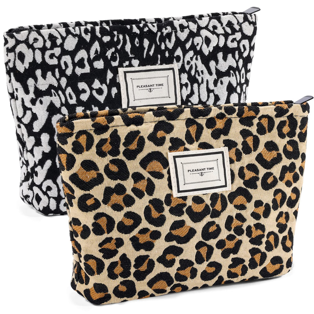 ZLFSRQ 2Pcs Leopard Print Makeup Bags for Women Zipper Makeup Pouch for Purse Large Capacity Travel Cosmetic Bag Canvas Makeup B