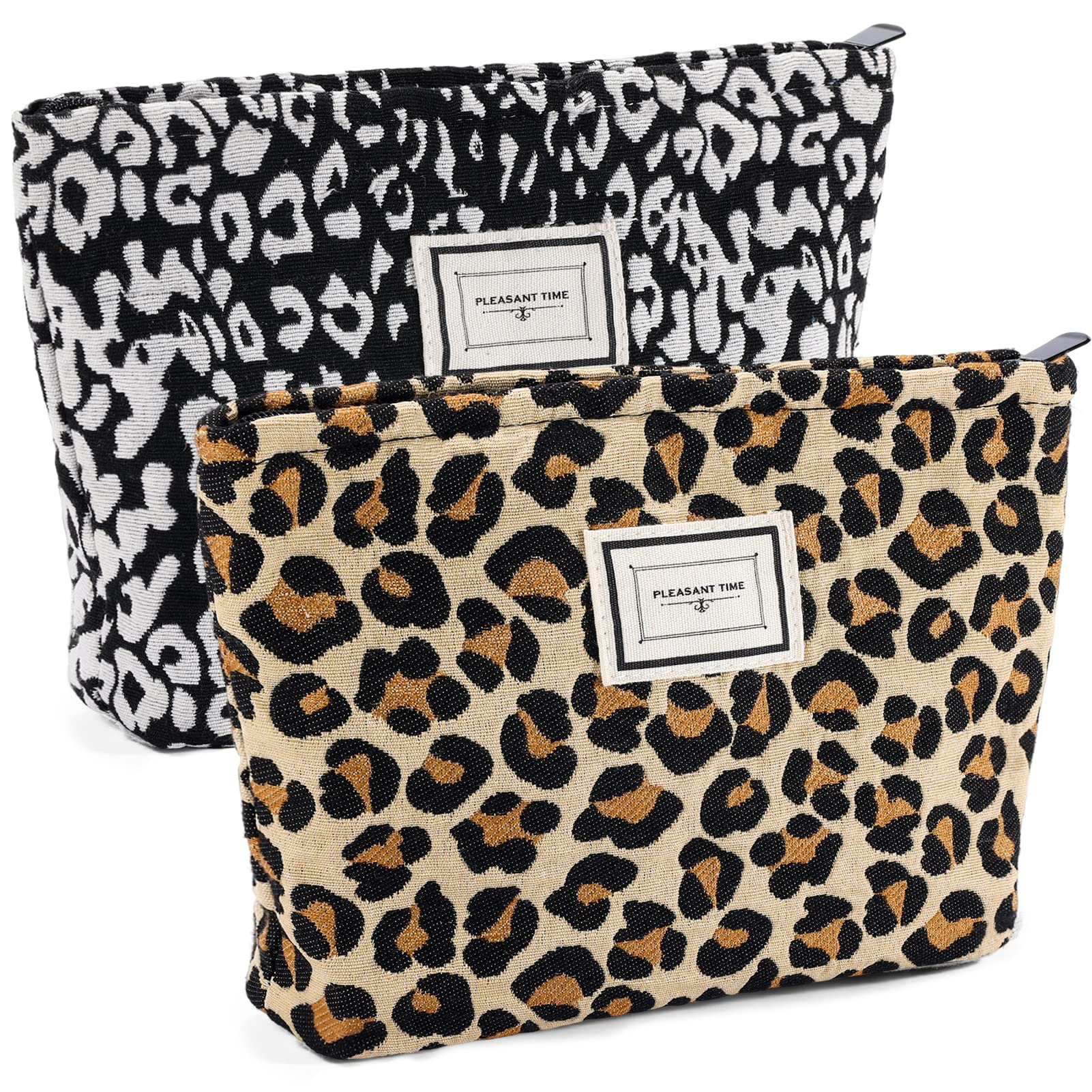 ZLFSRQ 2Pcs Leopard Print Makeup Bags for Women Zipper Makeup Pouch for Purse Large Capacity Travel Cosmetic Bag Canvas Makeup B