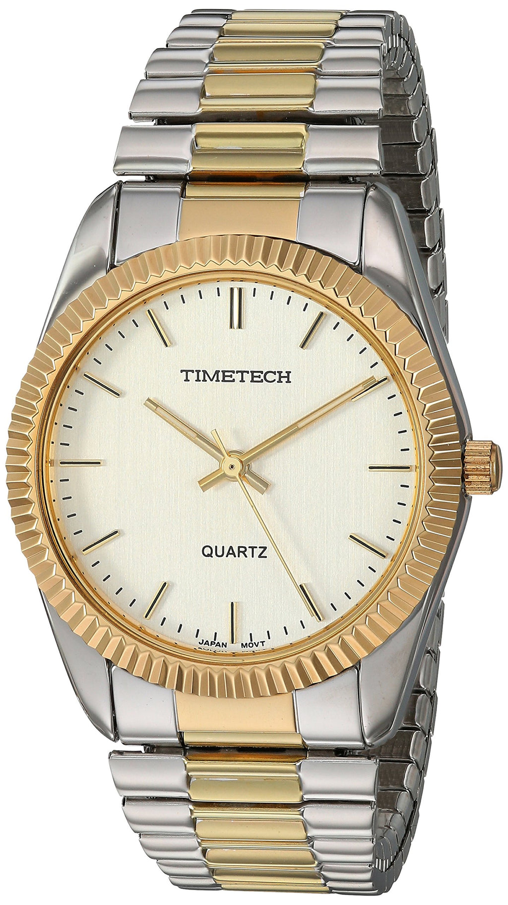 TIMETECH Men's Watch Two Tone Expansion Stretch Bracelet with Ribbed Coin Edge Bezel