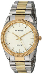 TIMETECH Men's Watch Two Tone Expansion Stretch Bracelet with Ribbed Coin Edge Bezel