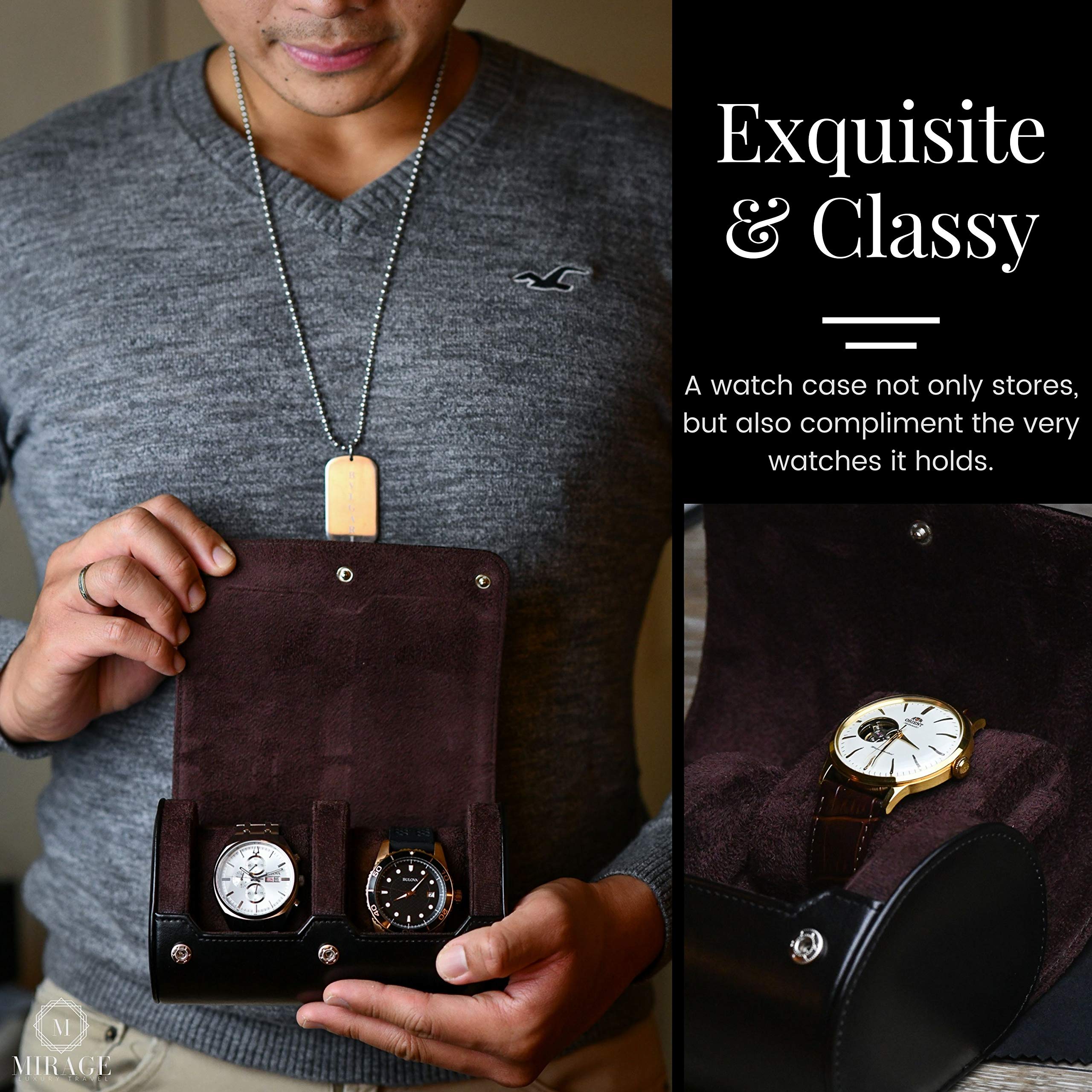 2 Watch Case for Men - Watch Roll Travel Case -Watch Organizer & Display - Watch Case - Jade Black