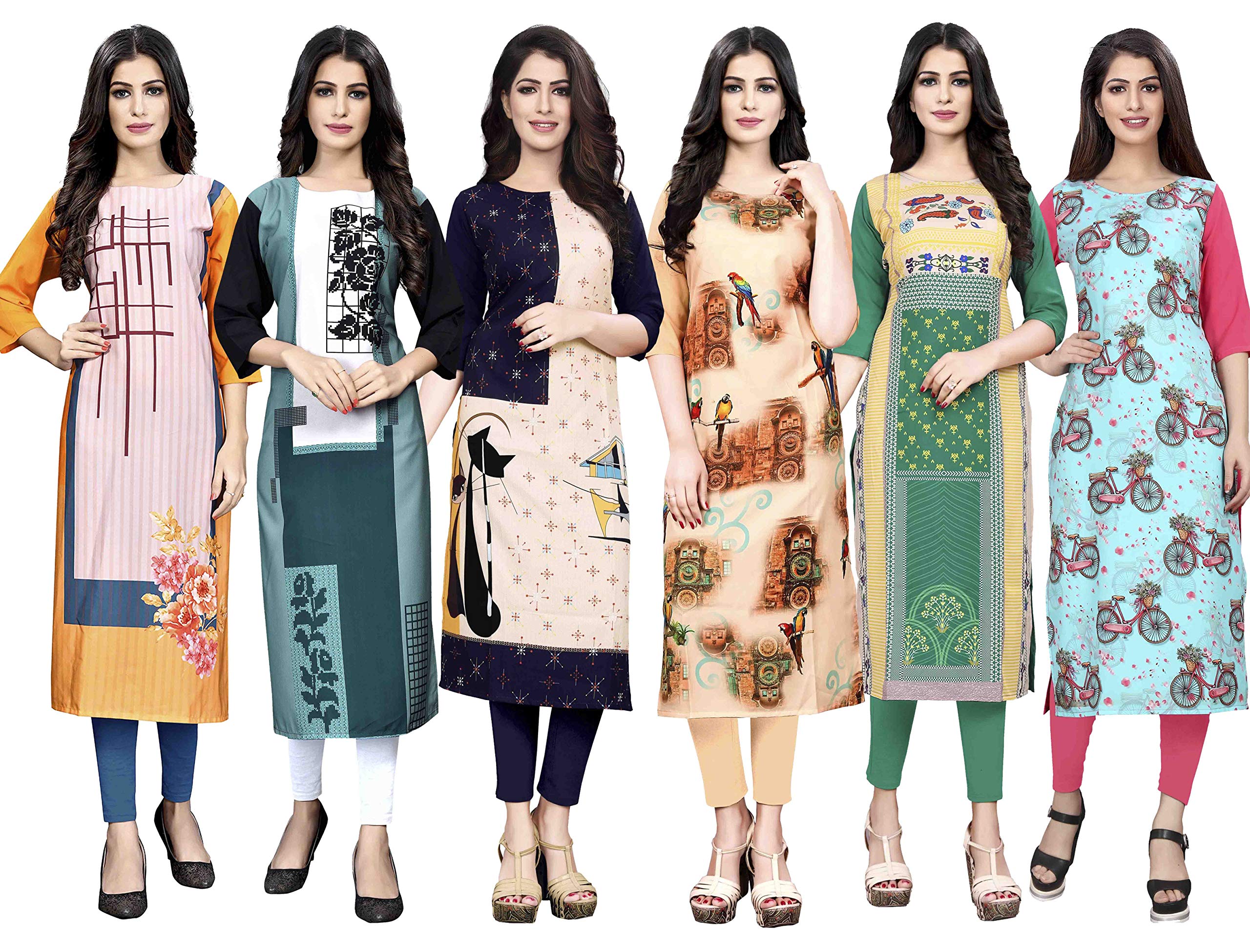 Pinkmint WomenS Crepe Straight Kurta (Pack Of 6) (109-114-117-119-120-121- Multi_Xl)