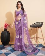 Vairagee WomenS Soft Net Flower Embroidered Border Work Saree And Unstitched Lilac Blouse Piece With Lace Work | Saree For Wedd