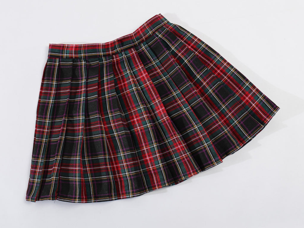 Girl's Japan School Plaid leated Uniform Fancy Skirts (S,Black Mixed Rose Red)