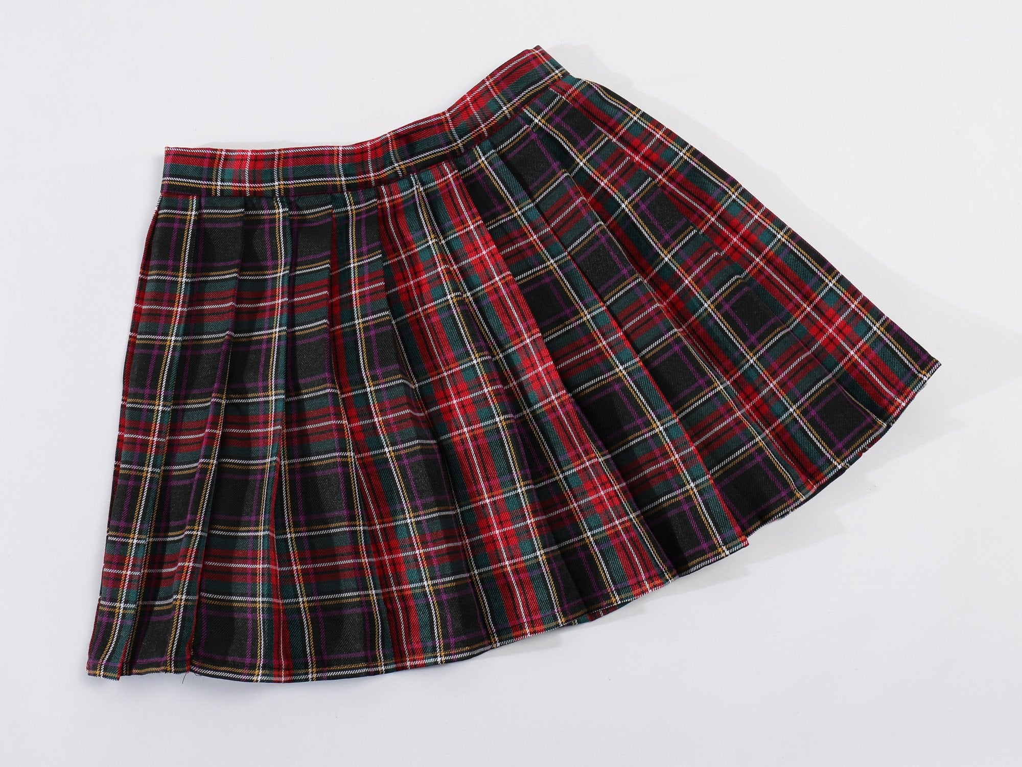 Girl's Japan School Plaid leated Uniform Fancy Skirts (S,Black Mixed Rose Red)