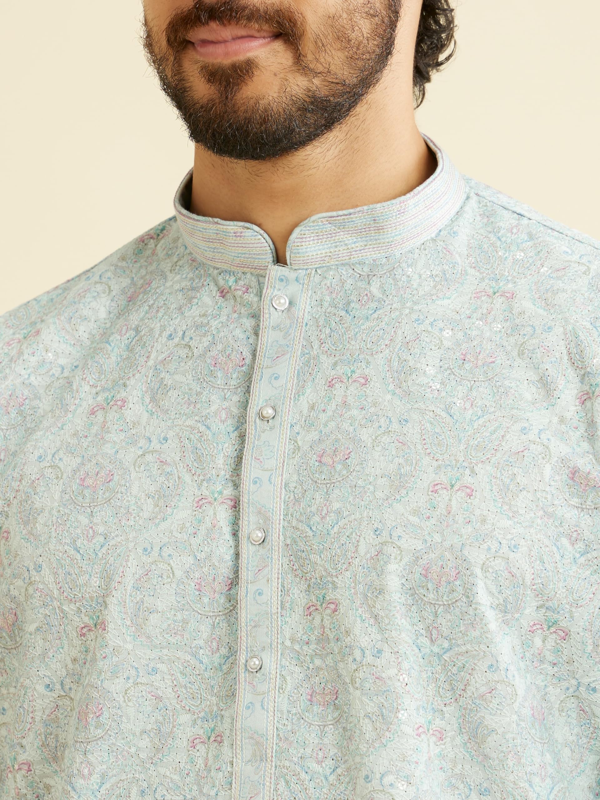 Manyavar MenS Cotton Blend Chikankari Sequined Kurta Pyjama Set (Green,L)