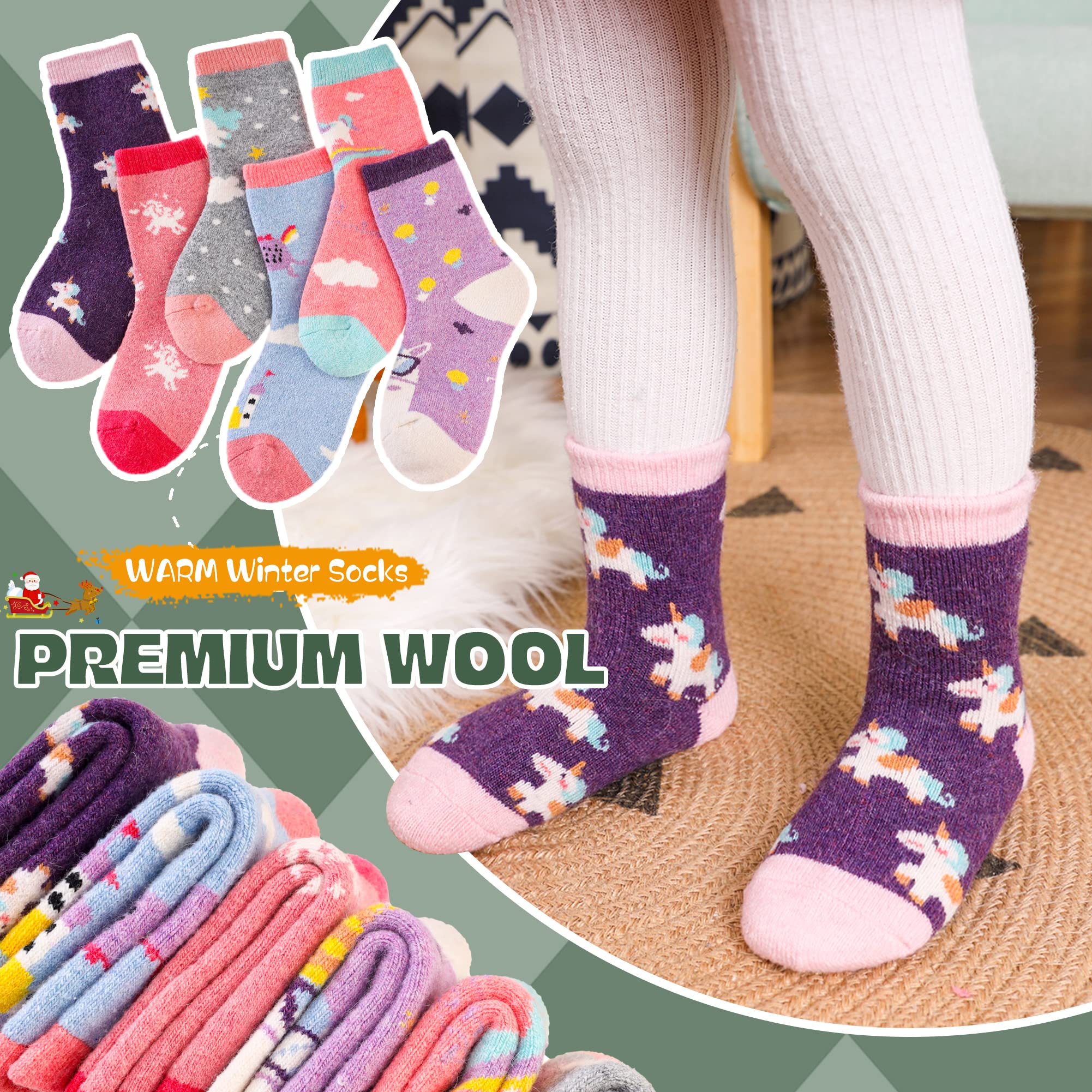 Children's Winter Warm Wool Solid Color Socks Kids Boy Girls Thermal Crew Socks 6 Pairs(Unicorn C, 8-12 Years)
