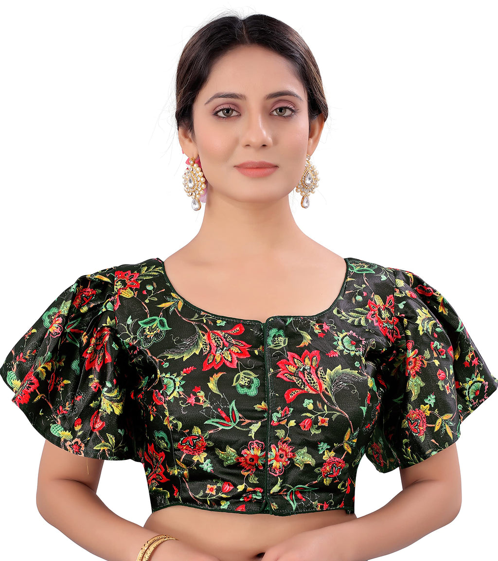 Pujia Mills WomenS Multicolor Butterfly Floral Print Pattern Ruffle Sleeve Readymade Saree Blouse