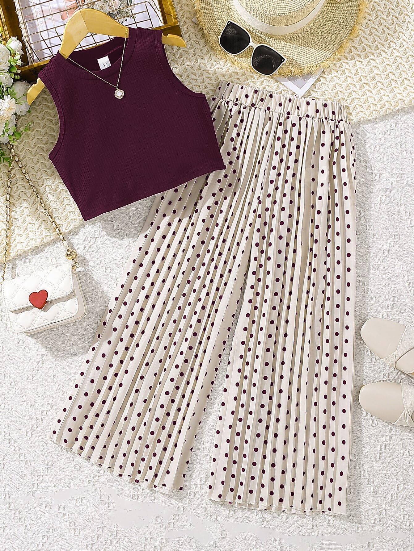 TAGAS Girls Solid Tank Top & Polka Dot Wide Leg Pants | COORDINATED_OUTFIT FOR GIRLS || DRESS FOR GIRLS|| TOP WITH PALAZZOS FOR