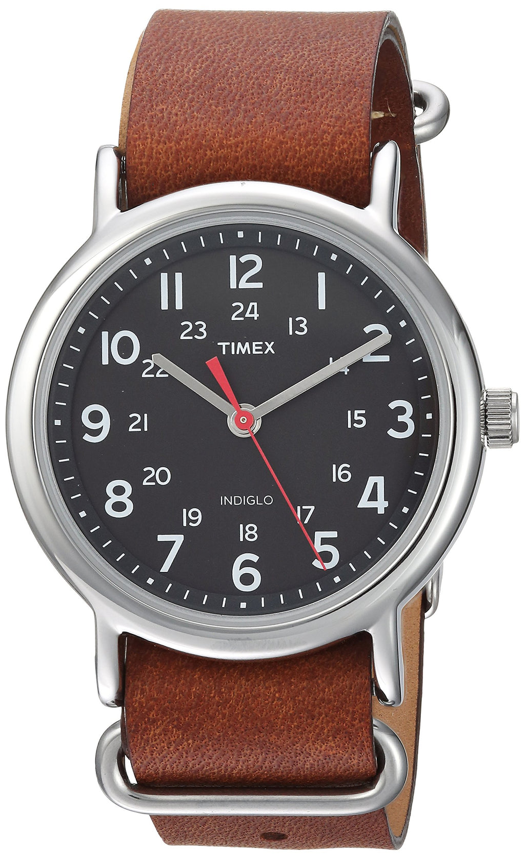 Timex Unisex Weekender 38mm Watch - Silver-Tone Case Black Dial with Brown Leather Slip-Thru Strap