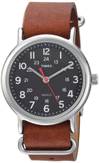 Timex Unisex Weekender 38mm Watch - Silver-Tone Case Black Dial with Brown Leather Slip-Thru Strap
