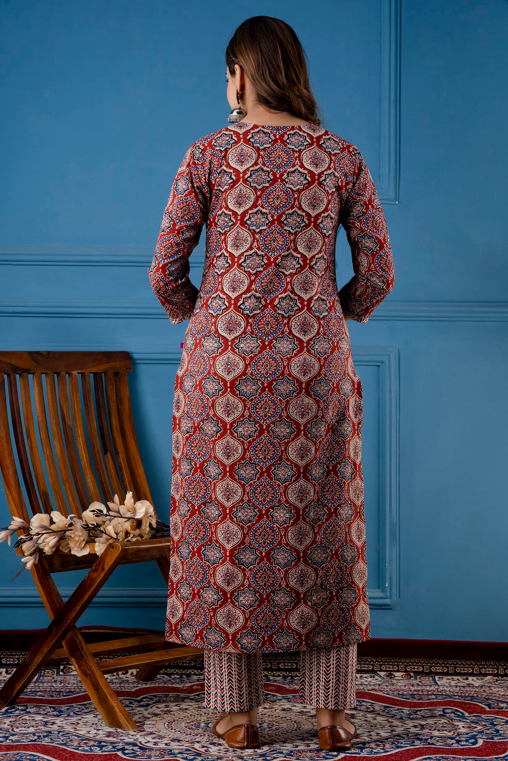 ANNI DESIGNER Womens Cotton Blend Traditional Straight Printed Kurta and Pant Set (Priyani Red NW_S_Red_Small)