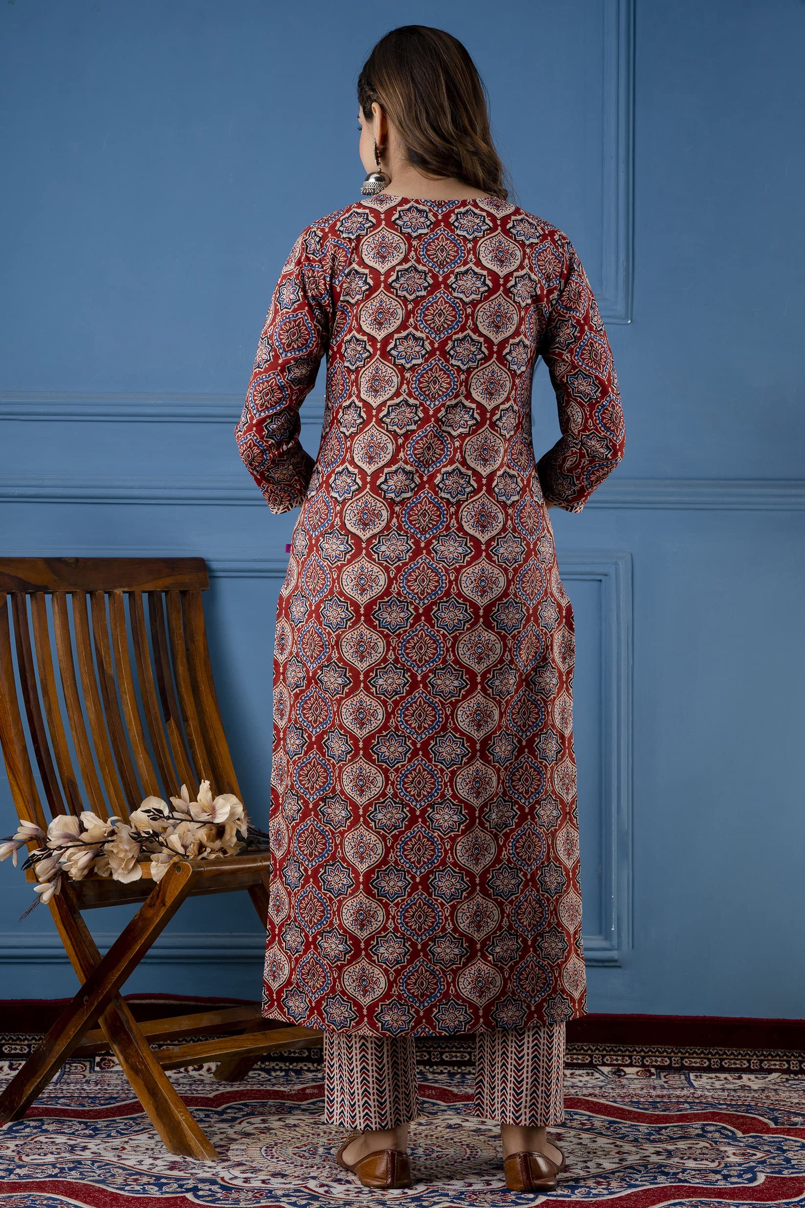 ANNI DESIGNER Womens Cotton Blend Traditional Straight Printed Kurta and Pant Set (Priyani Red NW_S_Red_Small)
