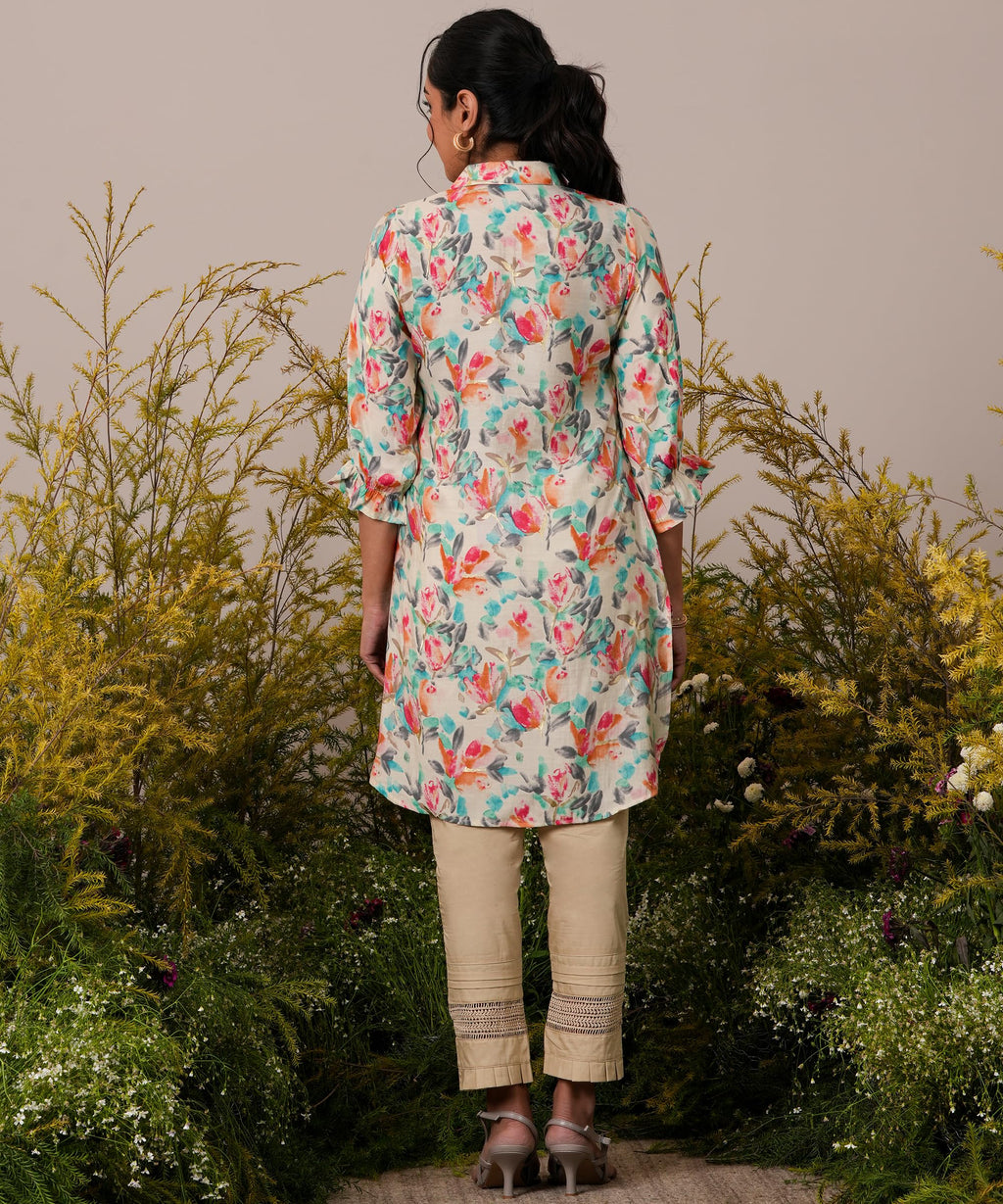 Libas Cream Printed Silk Blend Pathani Kurti