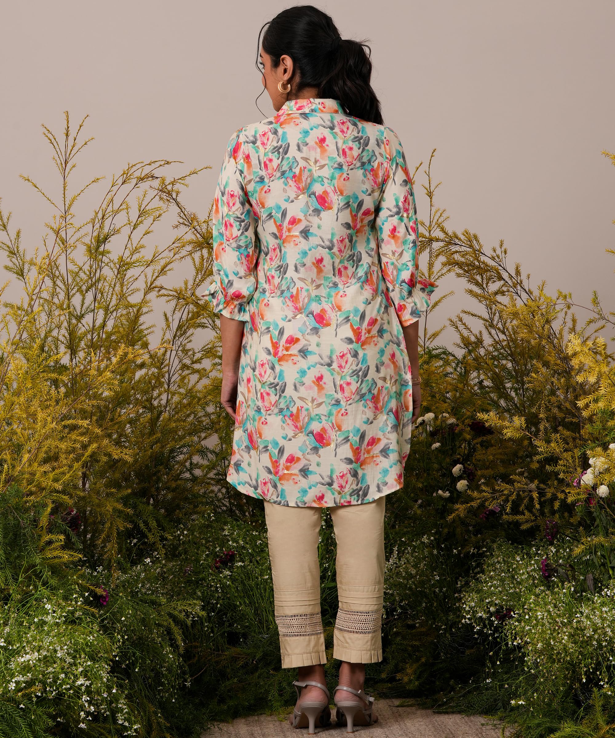 Libas Cream Printed Silk Blend Pathani Kurti