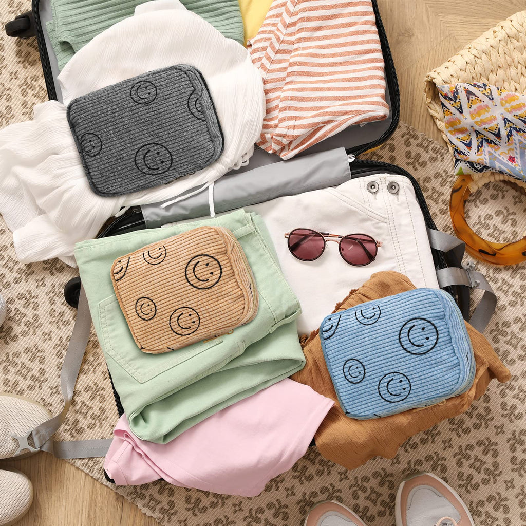 Photect 3 Pcs Corduroy Cosmetic Bag Smile Face Aesthetic Preppy Makeup Bag Corduroy Toiletry Aesthetic Pouch Travel Smile Bags