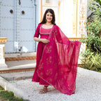 ANNI DESIGNER Womens Rayon Blend Anarkali Embroidered Kurta with Pant & Dupatta (APARNAA Pink_M_Pink_Medium)