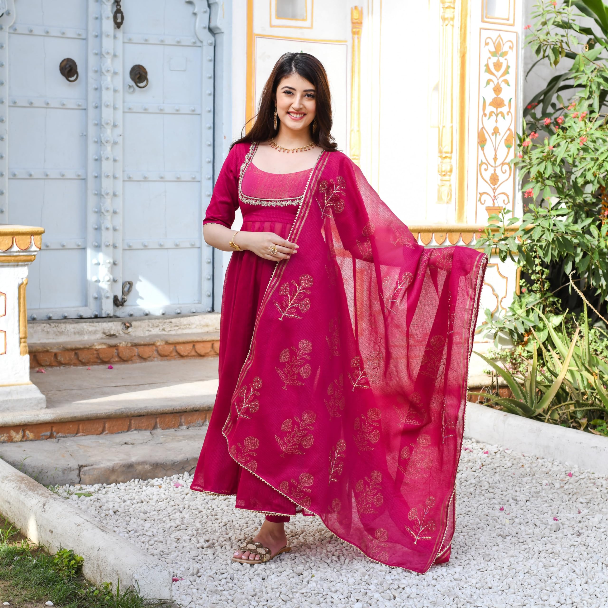 ANNI DESIGNER Womens Rayon Blend Anarkali Embroidered Kurta with Pant & Dupatta (APARNAA Pink_XL_Pink_X-Large)