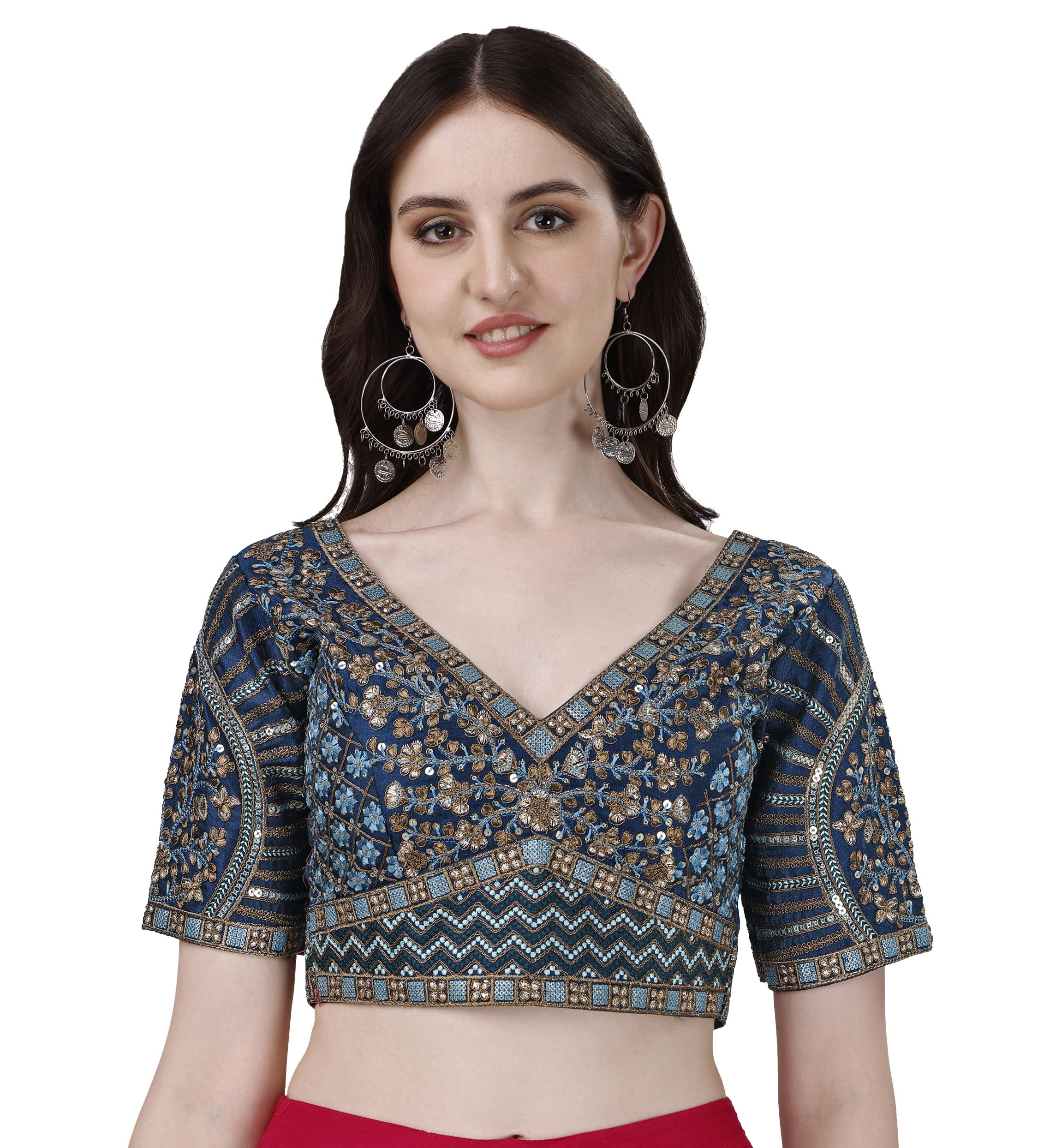 Pujia Mills Mills WomenS Fancy Readymade Heavy Coding Embroidary Worked Half Sleeve Multicolor Saree Blouse(Mushroom) (Morpeach