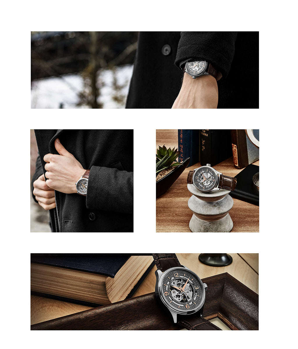 Stuhrling Original Men's Automatic Skeleton Dress Watch Genuine Leather Band with self Winding Mechanical Movement