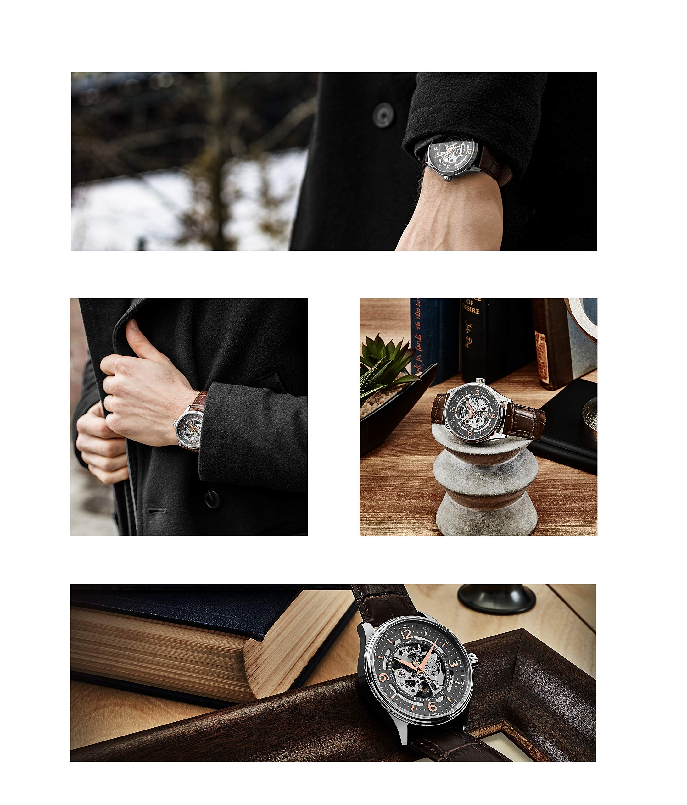 Stuhrling Original Men's Automatic Skeleton Dress Watch Genuine Leather Band with self Winding Mechanical Movement