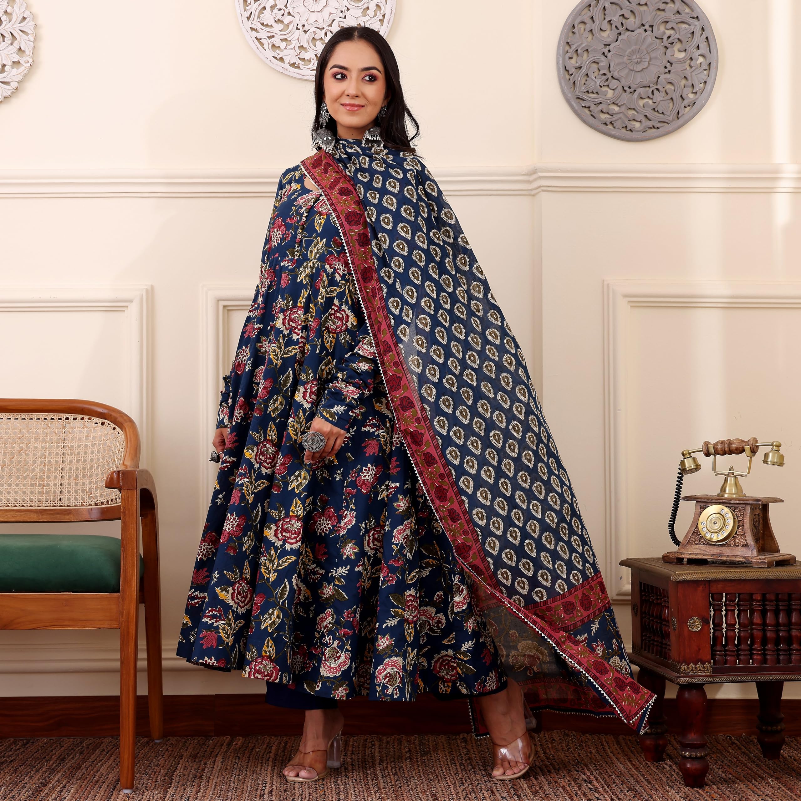 ANNI DESIGNER Women s Printed Rayon Blend Kurta with Pants and Dupatta, Blue, 2XL