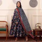 ANNI DESIGNER Women s Printed Rayon Blend Kurta with Pants and Dupatta, Blue, XL