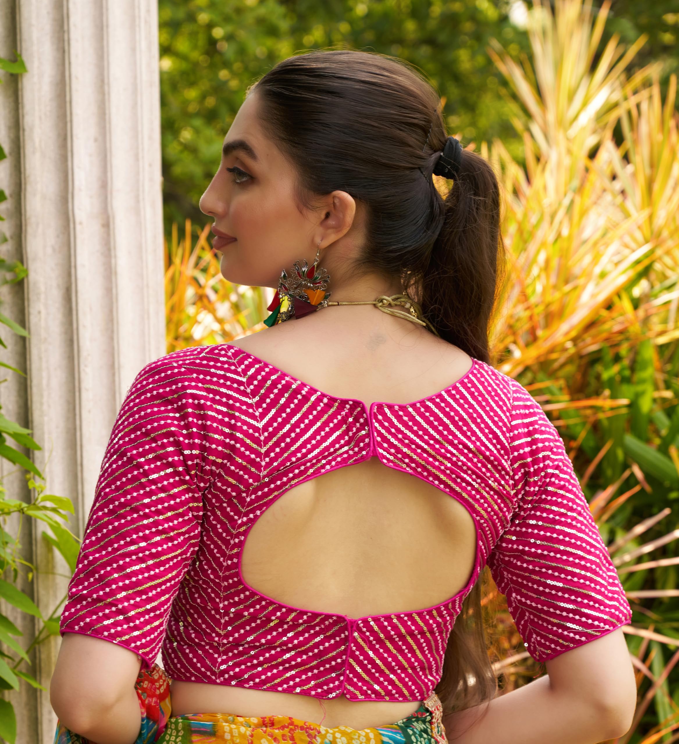 Pujia Mills Georgette Womens Fancy Readymade Half Sleeve Sequins Saree Blouse