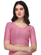 Shiv Textiles Round Neck Dobby Cotton Lycra Stretchable Elbow Sleeve Readymade Saree Blouse For Women Stylish (Pinkover Size)
