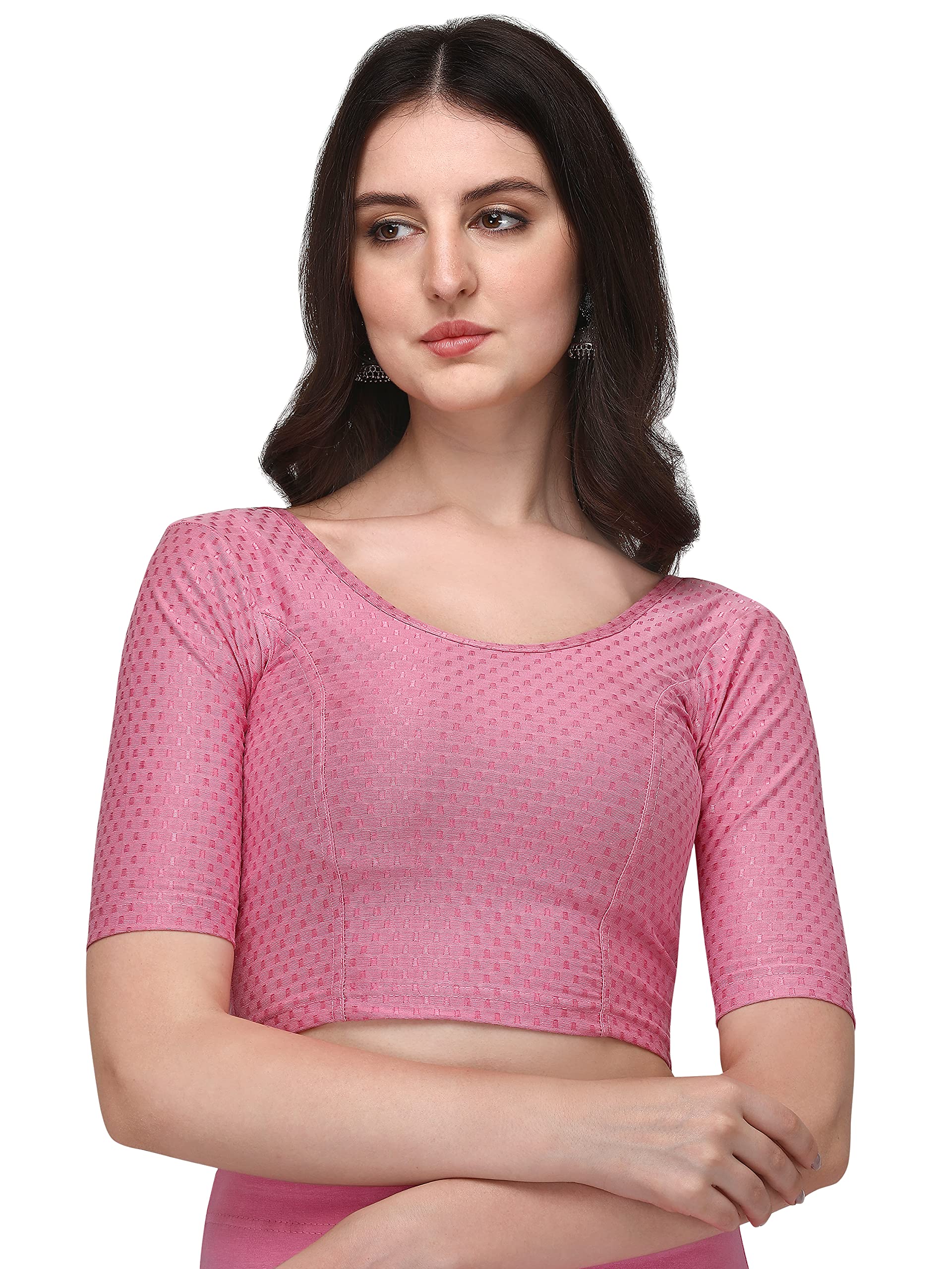 Shiv Textiles Round Neck Dobby Cotton Lycra Stretchable Elbow Sleeve Readymade Saree Blouse For Women Stylish (Pinkover Size)