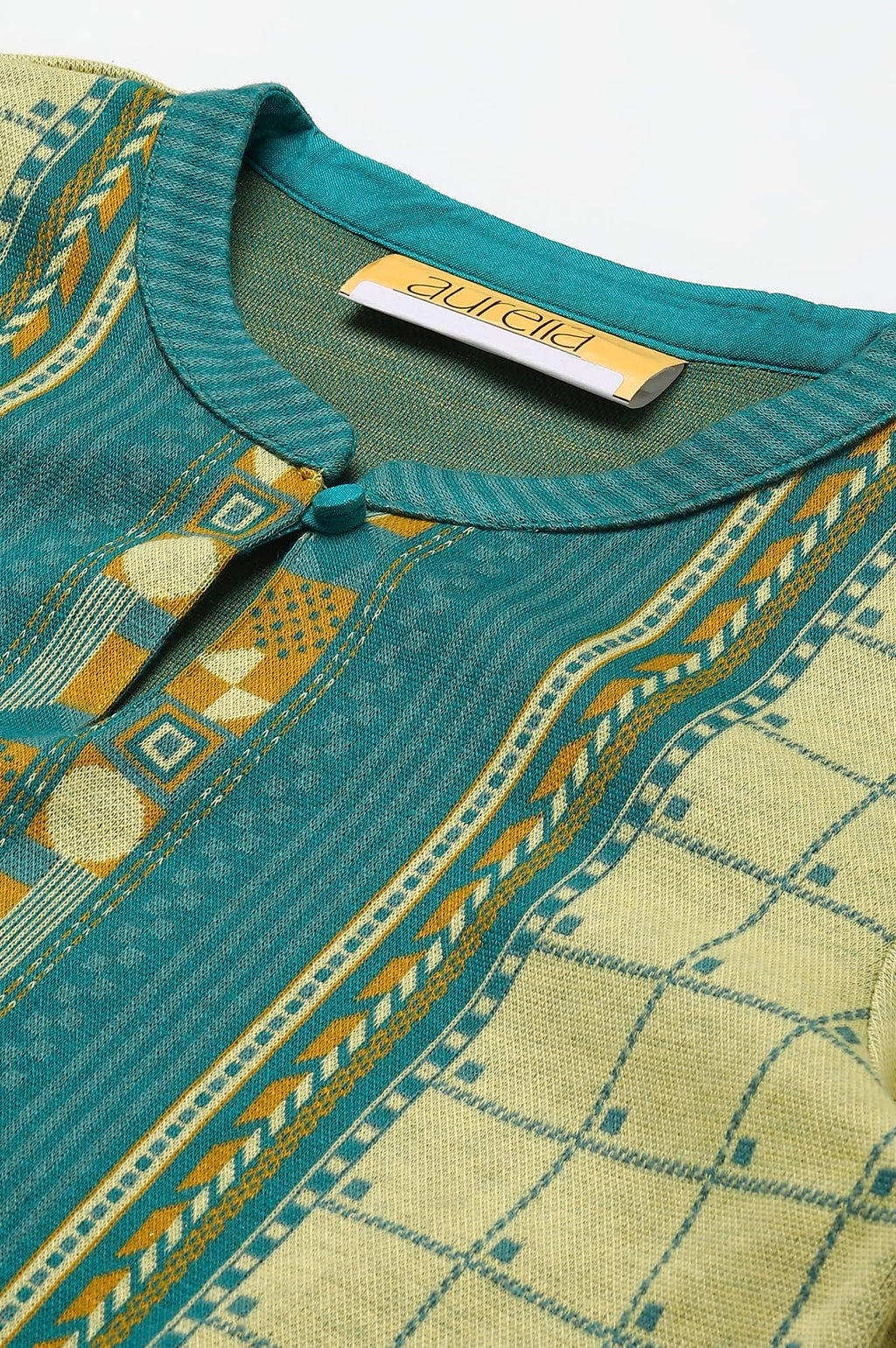 Aurelia Women Pale Banana Cotton Blend Geometric Yarn Dyed Straight Kurta