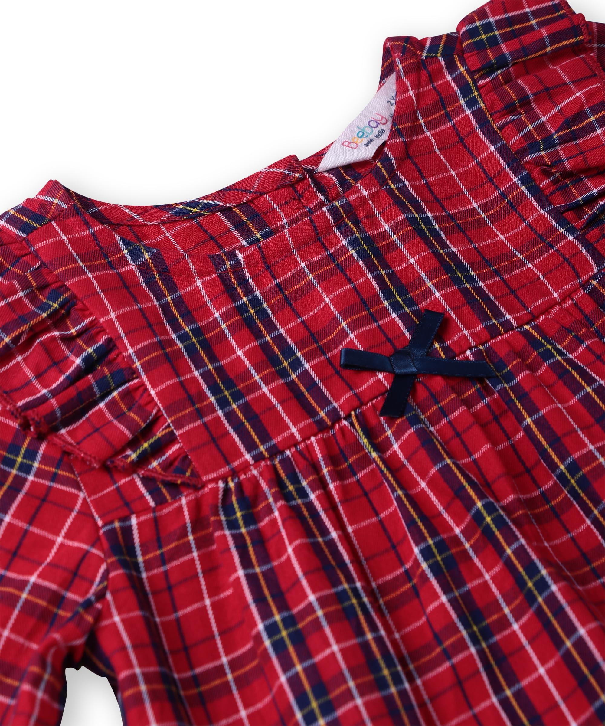 Beebay Kids Girls Shoulder Frill Check Dress RED