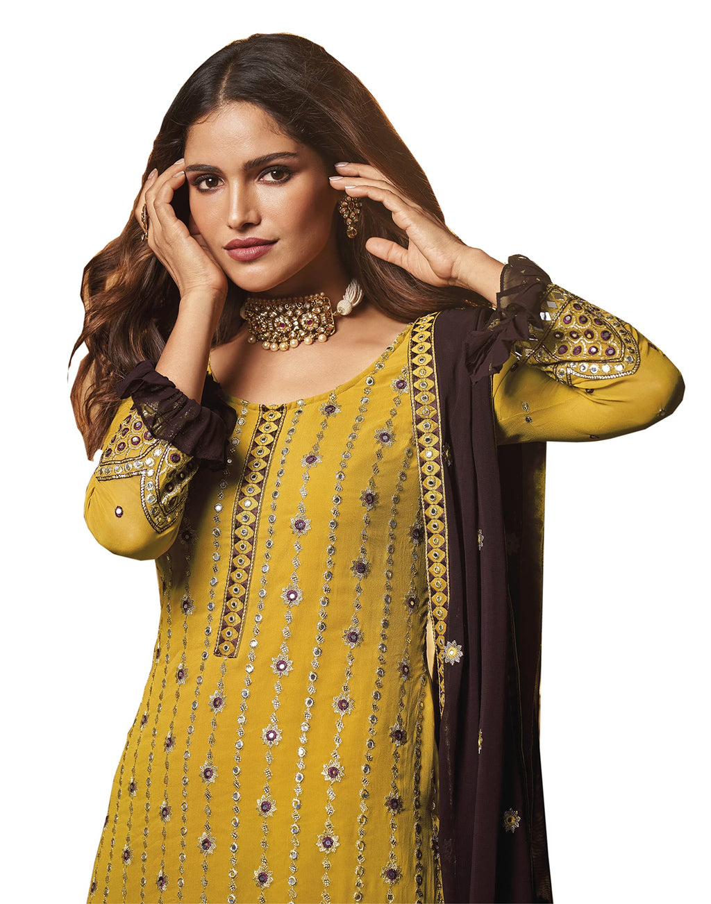 Fashion Basket Women'S Georgette Yellow Kurta With Sharara And Dupatta Set