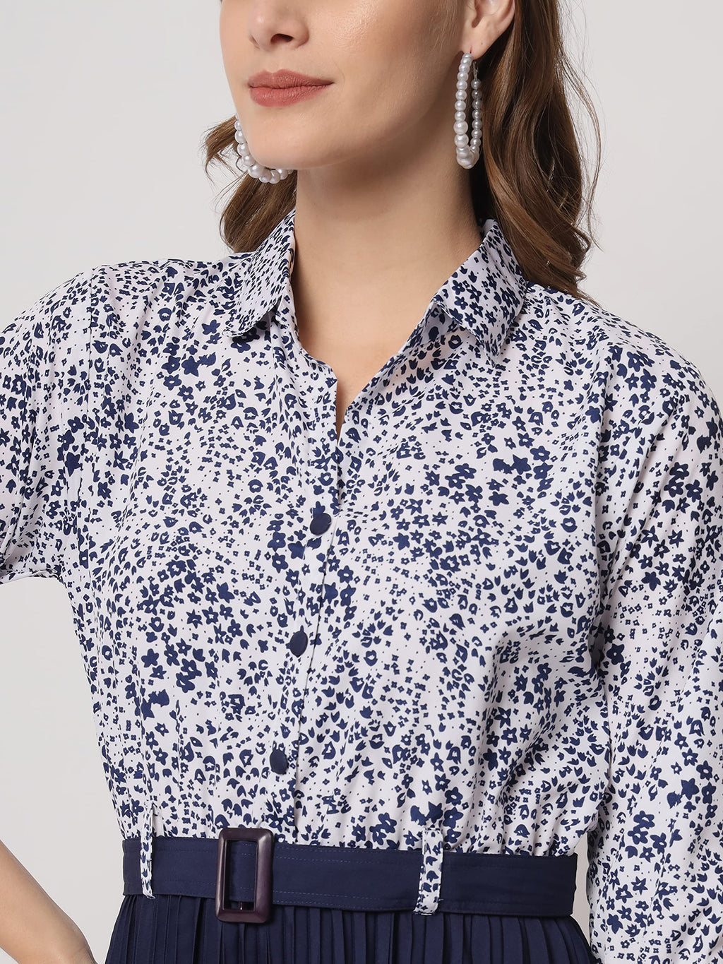 Kzully WomenS Print 3/4 Sleeve Pleated Midi Dress With Belt Navy Blue