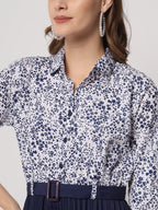 Kzully WomenS Print 3/4 Sleeve Pleated Midi Dress With Belt Navy Blue