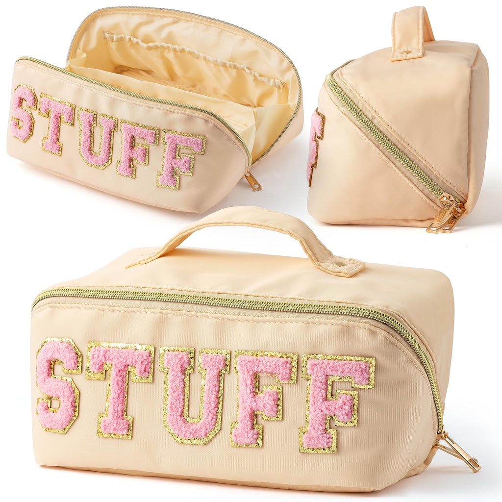 Y1tvei Travel Makeup Bag Gift, Large Capacity Cosmetic Bags, Nylon Stony Clover Makeup Bag Preppy Patch Makeup Bag Pink Stuff Ch