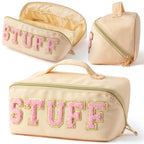 Y1tvei Travel Makeup Bag Gift, Large Capacity Cosmetic Bags, Nylon Stony Clover Makeup Bag Preppy Patch Makeup Bag Pink Stuff Ch